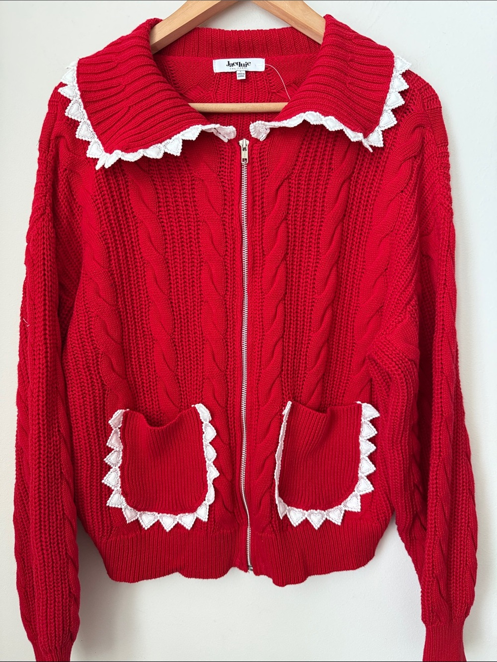 Jacqui E Red Cable-Knit Zip Cardigan with White Trim